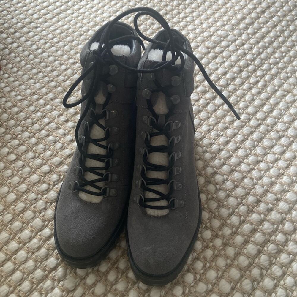 MARC FISHER Lace Up Boor Faux Shearling Fur Suede Gray Ivory